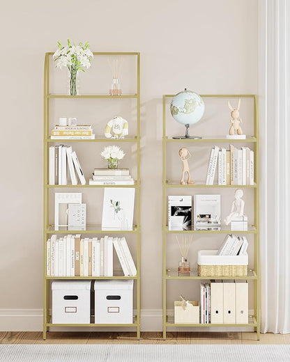 Bookcase Bookshelf, Tempered Glass Arched Bookshelf for More Storage, Slim Shelving Unit for Bedroom, Bathroom, Home Office, Steel Frame, Wide 6 Tier Gold BC22699G