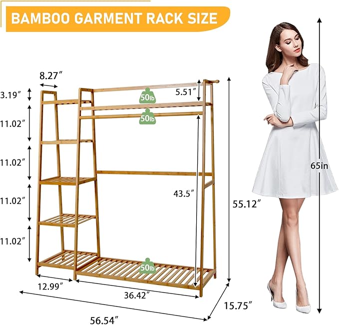 Bamboo Clothing Garment Rack 7 Tier Storage Shelf Coat Clothes Hanging Rack, Portable Wardrobe Closet Organizer With Top Shelf, Shoe Storage Shelves for Bedroom (Natural - 51.18 in)