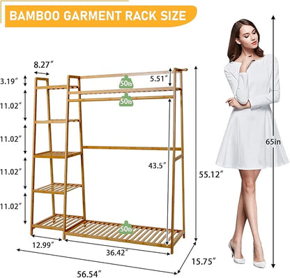 Bamboo Clothing Garment Rack 7 Tier Storage Shelf Coat Clothes Hanging Rack, Portable Wardrobe Closet Organizer With Top Shelf, Shoe Storage Shelves for Bedroom (Natural - 51.18 in)