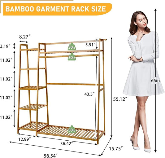 Bamboo Clothing Garment Rack 7 Tier Storage Shelf Coat Clothes Hanging Rack, Portable Wardrobe Closet Organizer With Top Shelf, Shoe Storage Shelves for Bedroom (Natural - 51.18 in)