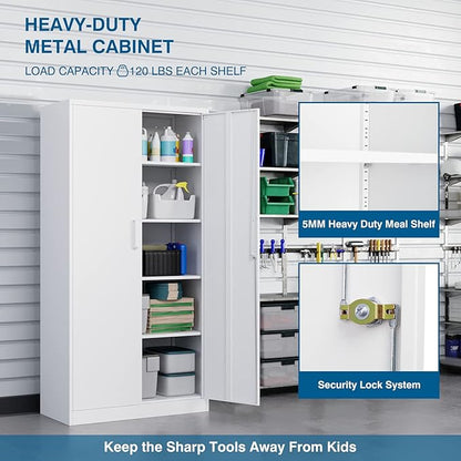Metal Garage Storage Cabinet, 71-inch Tool Storage Cabinet with Adjustable Shelves & Locking Doors for Garage,Office,Home,School,Gym Storage (White)