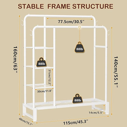 Double Rods Clothes Rack Clothing Rack with 4 Tier Storage Shelves Clothes Rack for Hanging Clothes Multifunctional Heavy Duty Clothes Organizer with Hooks for Bedroom,Wardrobe Closet,Shop,White