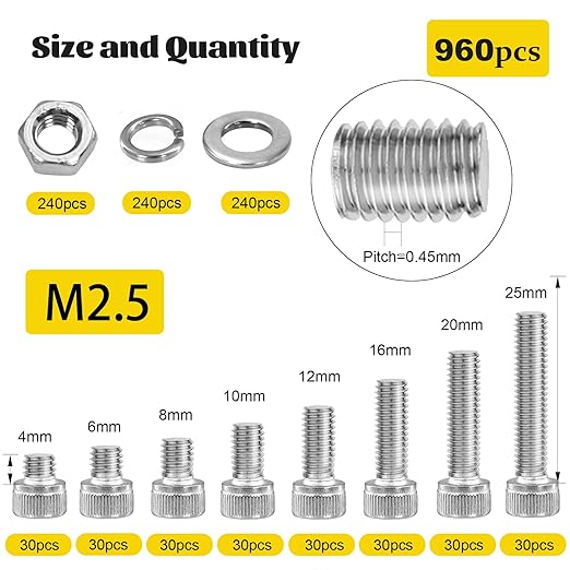 960pcs M2.5 Screws with Nuts Assortment kit, M2.5x4/6/8/10/12/16/20/25 mm 304 Stainless Steel Hex Socket Head Bolts with Flat & Lock Washers Assorted Set