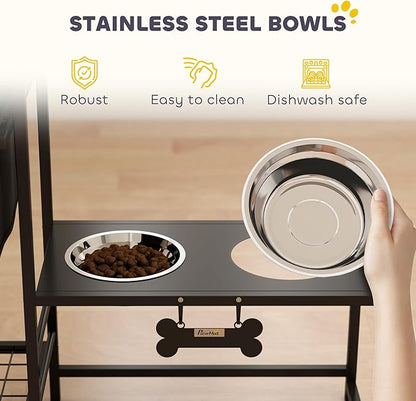 PawHut Dog Bowl Stand with 2 Feeding Stations, 3 Height Adjustable Elevated Dog Bowls with Toy Bin Basket, Lifted Food and Water Bowl, Pet Storage Organizer for Small, Medium, Large Dogs, Black