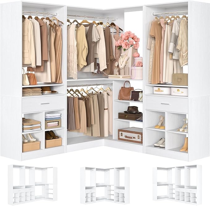 Unikito 86" Corner Closet System, Modular Closets Organizer with 4 Hanging Rods and 2 Drawers, Freestanding Adjustable Wood Clothes Garment Rack with Storage Shelves, White
