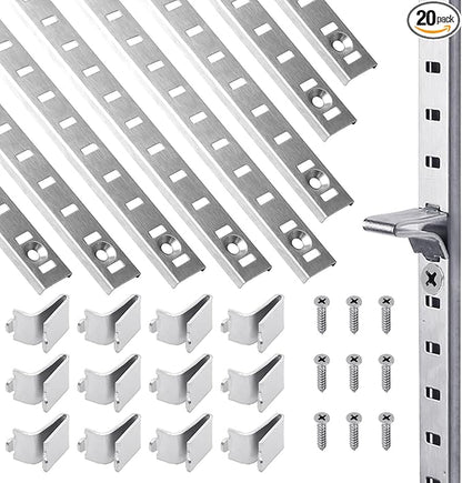 Xadnitu 20 Packs 17 Inches Metal Pilaster Shelf Bracket Rails with Adjustable Shelving Support Clips and Mount Screws for Cabinet, Shelves Storage
