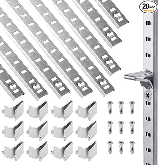 Xadnitu 20 Packs 17 Inches Metal Pilaster Shelf Bracket Rails with Adjustable Shelving Support Clips and Mount Screws for Cabinet, Shelves Storage