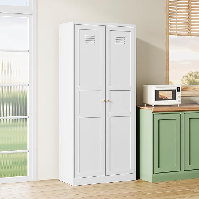 MIIIKO Metal Pantry Cabinet, Utility Storage Cabinets with 2 Doors and 5 Shelves, Versatile Freestanding Tall Cupboard for Kitchen, Bedroom, Laundry Room and Office, 71" H x 15.7" D x 31.5" W
