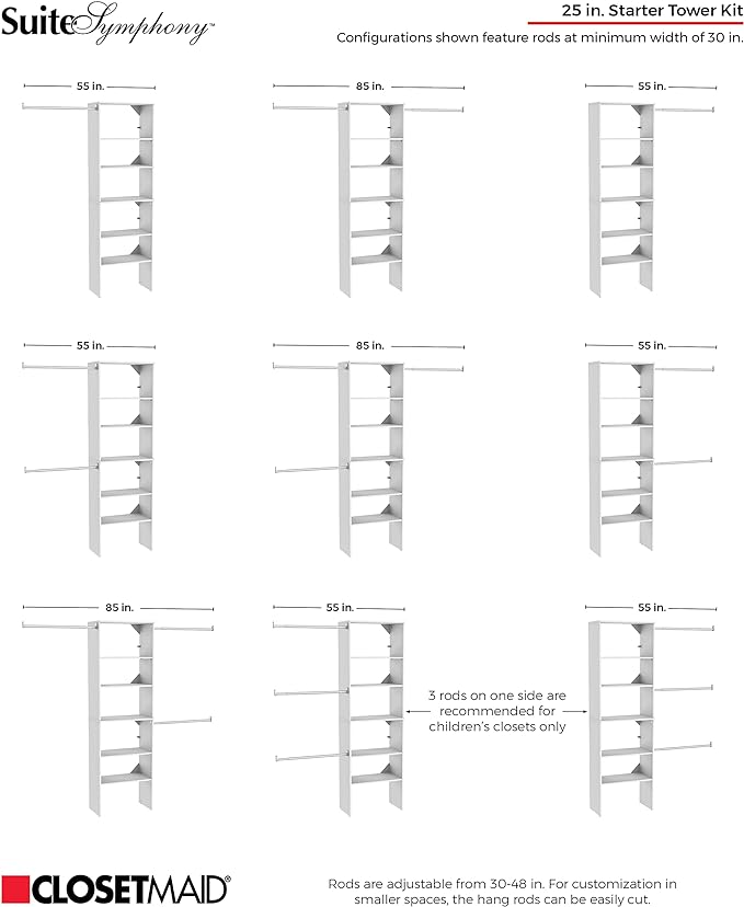 ClosetMaid SuiteSymphony Wood Closet Organizer Starter Kit with Tower and 3 Hang Rods, Shelves, Adjustable, Fits Spaces 5 – 10 ft. Wide, Pure White