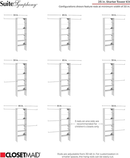 ClosetMaid SuiteSymphony Wood Closet Organizer Starter Kit with Tower and 3 Hang Rods, Shelves, Adjustable, Fits Spaces 5 – 10 ft. Wide, Pure White