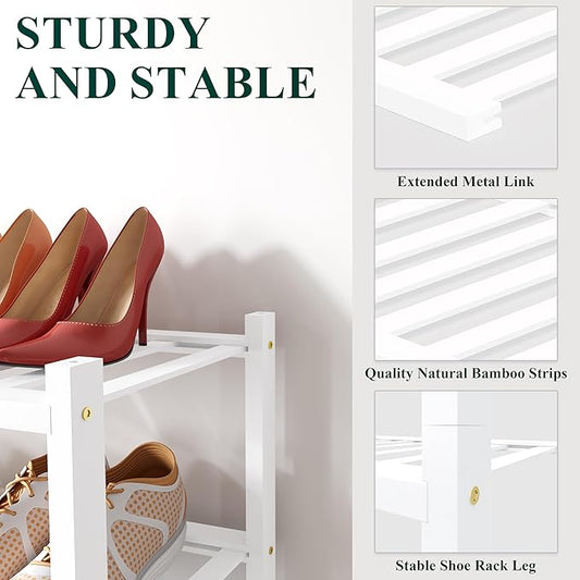 Smiry Bamboo Shoe Rack for Closet, 5 Tier Small Wooden Stackable Shoe Organizer, Free Standing Shoes Storage Shelf for Entryway, Front Door Entrance, White