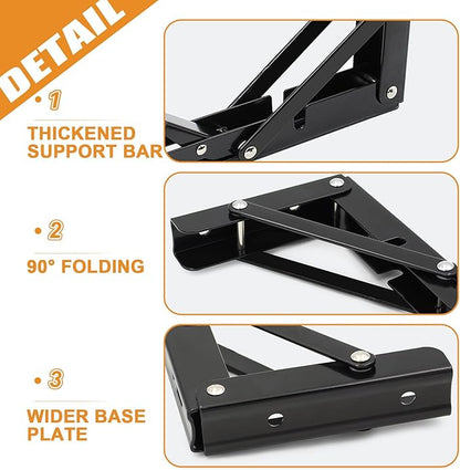 Storystore Folding Shelf Brackets - 10 Inch Heavy Duty Metal Collapsible Shelf Bracket for Bench Table, Shelf Hinge Wall Mounted Space Saving DIY Bracket, Max Load: 150 lb (2 PCS, Black)
