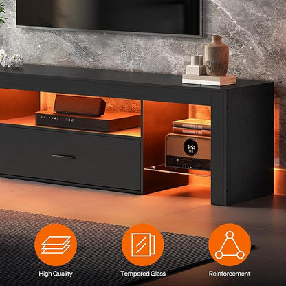 HOOBRO LED TV Stand with Power Outlets to 65 inch TV, Gaming Entertainment Center with Glass Shelves and Large Drawer, Modern Media TV Console Table for Living Room Bedroom, Black BB160UDDS01G1