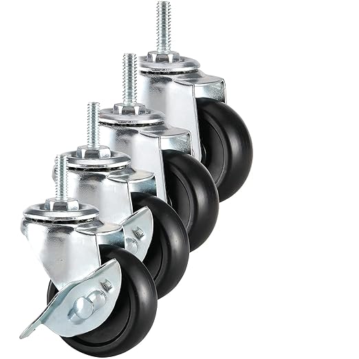 2-Inch Caster Roller for Storage Shelving Unit, Set of 4,Black,1/4",5/16",3/8",M8,M10 Thread Stem All Included,Universal for Steel Organizer Wire Rack