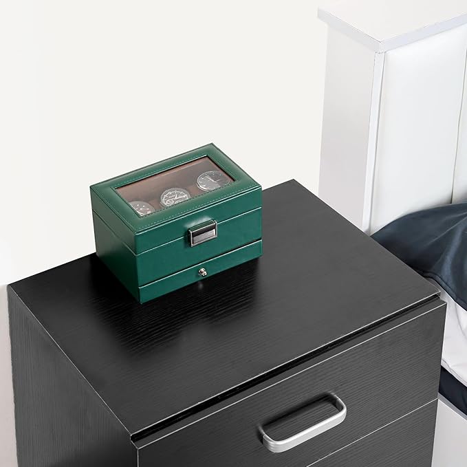 ProCase Watch Box, 3 Slot Watches Display Case with Drawer, Mens Watch Case with Glass Lid, 2-Layer Mens Jewelry Organizer Storage Holder, Birthday Valentine Gifts for Men-3 Slot, MidnightGreen
