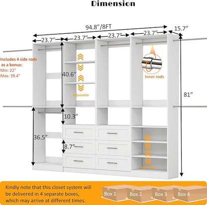 Closet System with 4 Sets, Closet Organizer Systems with 6 Drawers & 8 Hanging Rods & Adjustable Shelves, Walk in Closet Freestanding Closet System Modular Closet System Set White