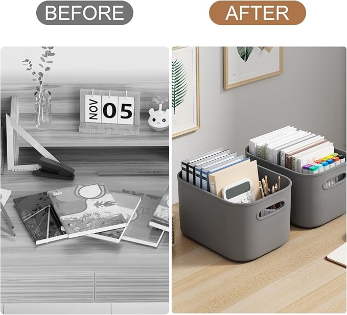 6 Pack Grey Storage Bins with Lids Stackable Storage Container for Organizing, Storage Boxes with Handle for Shelves, Cute Organizer Bins for Craft, Snacks, 9.85x6.9x5.7 inch