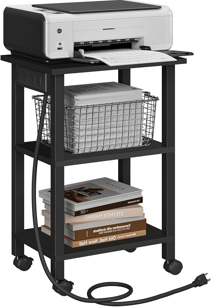 TUTOTAK 3 Tier Printer Stand, Rolling Printer Cart with Power Outlets and USB Ports, Mobile Printer Table with Wheels, for Under Desk, Office, Home, Greige PS02BK001