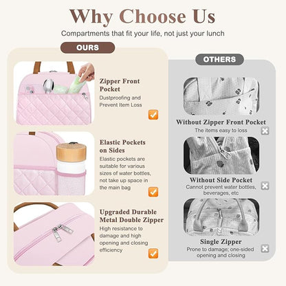 Lunch Box for Women Adult Men Insulated Cute Quilted Lunch Bag Women Reusable Large Lunch Tote Bag Leakproof Simple Cooler Bag for Work Office Picnic Beach or Travel