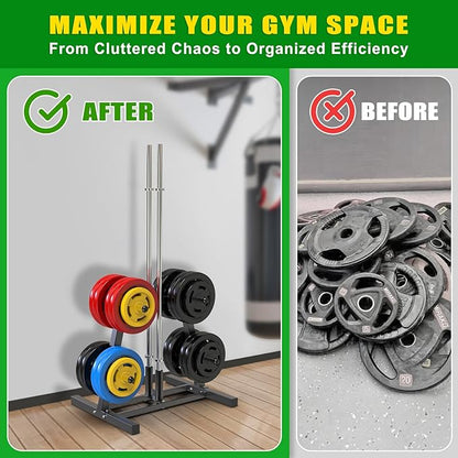 SELEWARE Olympic Weight Plate Tree Rack with 8 Weight Pegs & 2 Barbell Holders, Heavy-Duty Steel Gym Storage Organizer with Locking Wheels for 2 Inch Olympic Plates & Bars