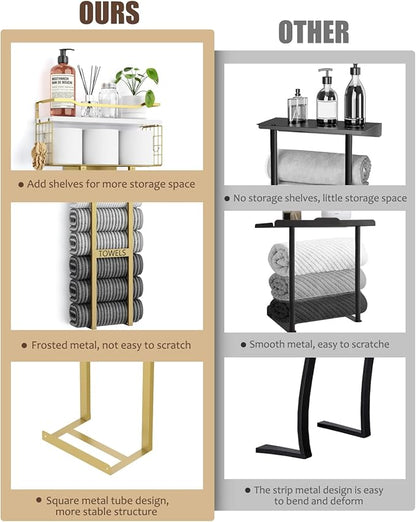 Towel Racks for Bathroom - Wall Mounted Metal Rack with Wood Plank, Bathroom Storage Organizer, Towel Holder Stores 6 Large Rolled Towels Easily, Gold and Size XL 31"