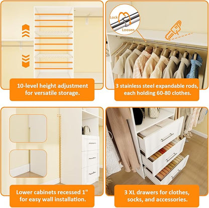Closet System with Drawers, 5FT-8FT Closet Organizer System with Shelves & Expandable Hanging Rods, 96" Walk in Storage Closet System Wood, White