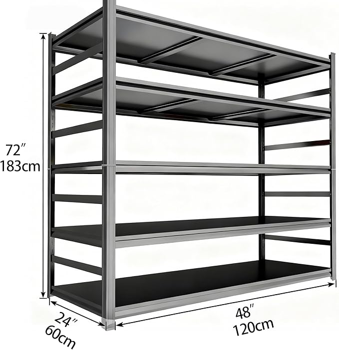 Garage Shelving, Storage Shelves Heavy Duty, 5-Tier Adjustable Black Shelving, 3000Lbs Utility Shelf for Garage/Basement/Kitchen, 72”H×48”W×24”D