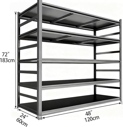 Garage Shelving, Storage Shelves Heavy Duty, 5-Tier Adjustable Black Shelving, 3000Lbs Utility Shelf for Garage/Basement/Kitchen, 72”H×48”W×24”D