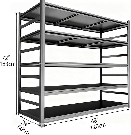 Garage Shelving, Storage Shelves Heavy Duty, 5-Tier Adjustable Black Shelving, 3000Lbs Utility Shelf for Garage/Basement/Kitchen, 72”H×48”W×24”D