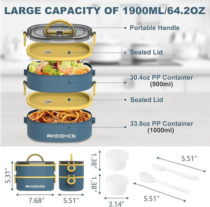 Lunch Box, Stackable 2 Layers Containers, Portable 64OZ Large Capacity Leakproof Bento Box with Spoon & Fork & Sauce Boxes, Microwave Safe Lunch Box for Kids and Adults