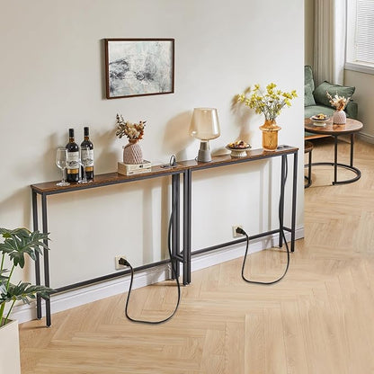 IBUYKE 2 Pack Console Table Narrow Long Sofa Table with Power Outlets USB Ports,Industrial Wooden Entry Table with Charge Station with Extension Cord,for Entryway Living Room Hallway Brown,TMJ061H-2