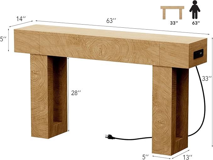 63 Inch Long Console Table w/Outlets & USB Ports, Narrow Rectangular Sofa Table Behind The Couch, Farmhouse Entryway Table for Entrance, Hallway, Living Room