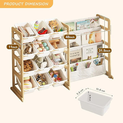 Toy Storage Organizer with Bookshelf - 12 Storage Bins 4-Tier Multipurpose Shelf to Organize Toys and Books for Kids Room, Playroom, Nursery Room, White