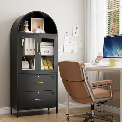 Tall Black Arched Bookcase, Metal Arched Bookshelf with 2 File Drawers and Locking Glass Doors,Assemble Required