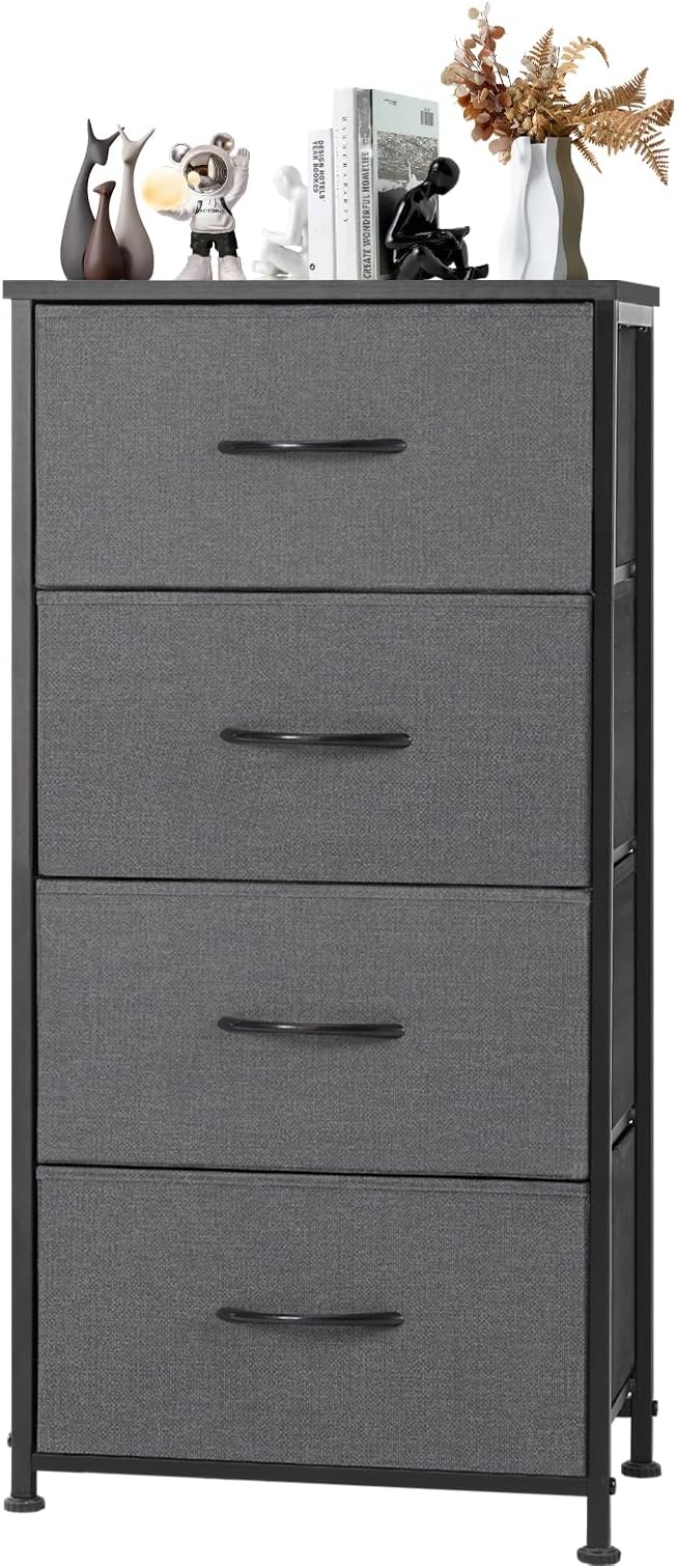 DUMOS Dresser for Bedroom 4 Drawers, Tall Fabric Closet Chests Organizer Tower Furniture with Wooden Top Metal Frame for Living Room, Closet, Grey