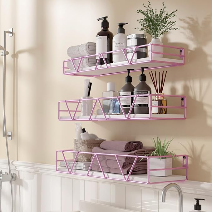 Floating Shelves Set of 3, Home Wood Wall Shelf, Farmhouse Shelf for Bedroom, Wall Mounted Floating Shelf for Living Room, Bedroom, Bathroom, Kitchen, Office (Pink)