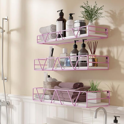 Floating Shelves Set of 3, Home Wood Wall Shelf, Farmhouse Shelf for Bedroom, Wall Mounted Floating Shelf for Living Room, Bedroom, Bathroom, Kitchen, Office (Pink)
