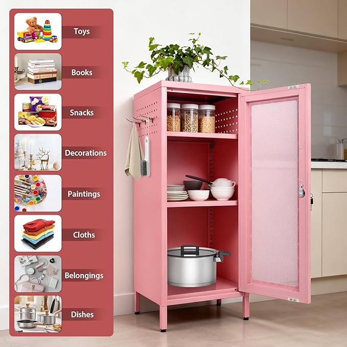 Metal Storage Cabinet, 39.37" H Small Pink Metal Locker Cabinets with Lockable Mesh Door and Handle, 2 Adjustable Shelves, 2 Pegboards & 6 Hooks for Home, Office, Bedroom, Kitchen, Assembly Required