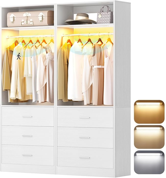 4FT Closet System with 2 Motion Sensor Lights, 48" Closet Organizer with 6 Drawers, Closet Systems with 2 Hanging Rods & 2 Shelves, Heavy Duty 48 Inch Walk-in Closets, White
