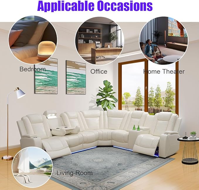 Leather Living Room Furniture Set, Power Reclining Sectional Sofa Set Creamy White, Breathing Leather Recliners Sofa with LED USB Ports and Storage Console, Reclining Couch Set for Home/Office