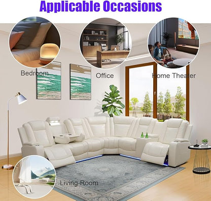Leather Living Room Furniture Set, Power Reclining Sectional Sofa Set Creamy White, Breathing Leather Recliners Sofa with LED USB Ports and Storage Console, Reclining Couch Set for Home/Office