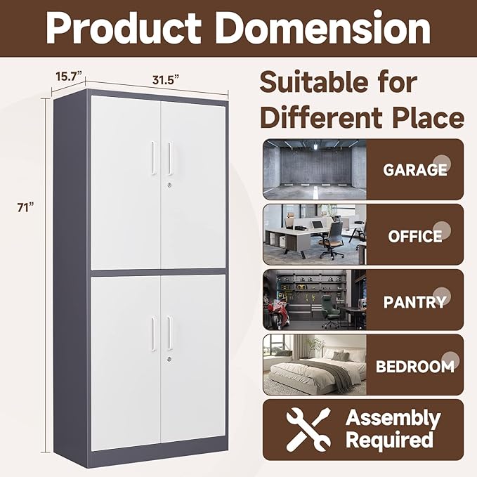 Metal Storage Cabinets with Locking Doors,71" Tall Garage Cabinet with 3 Adjustable Shelves, Lockable Steel Office Storage Caninet Tool Cabnet for Home Office,Garage, Pantry