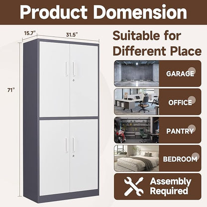 Metal Storage Cabinets with Locking Doors,71" Tall Garage Cabinet with 3 Adjustable Shelves, Lockable Steel Office Storage Caninet Tool Cabnet for Home Office,Garage, Pantry