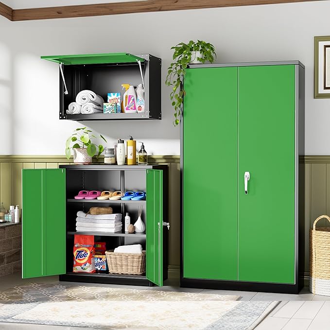 Bonusall Mental Garage Cabinets with 2 Doors and 4 Shelves, Locking Cabinet with for Tool，Steel Garage Storage Cabinets for Home Office, Warehouse，School(Black Green)