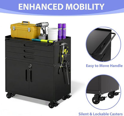Metal Garage Storage Cabinet on Wheels, Lockable Rolling Tool Cabinet with Doors and 3 Drawers, Heavy Duty Mobile Steel Cabinet for Garage Warehouse Workshop