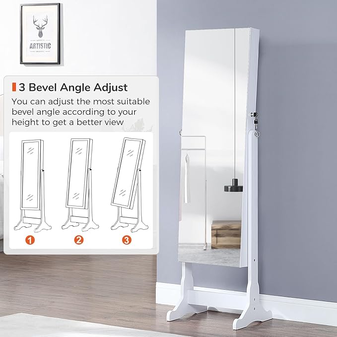 GISSAR Jewelry Organizer Full Length Mirror Jewelry Cabinet Standing/Wall/Hanging Door Jewelry Armoire Storage with Lights, Lockable, White
