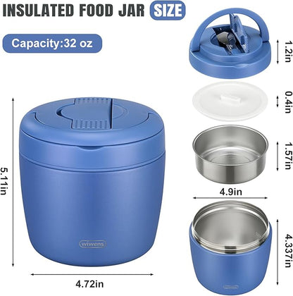 Thermo Food Jar for Hot Food Adults 32OZ Soup Thermo Lunch Containers Wide Mouth Vacuum Insulated Stainless Steel Leakproof Bento Box with Spoon (Blue)