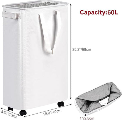 efluky Slim Laundry Hamper with Wheels, Rolling Laundry Basket for Clothes, Small Laundry Basket for Bedroom, Dorm and Laundry Room, 60L (12.7 Gallons) White