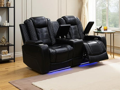Power Recliner Loveseat Set, Living Room Furniture Sets, 2 Seated Loveseat Modern Reclining Couches, Black Leather Reclining Couch Sets with Storage Console/Cup Holder for Living Room/Apt