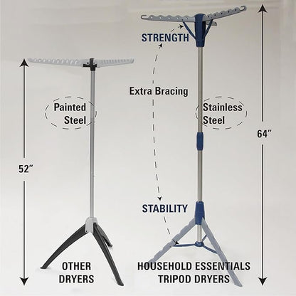Household Essentials 5009-1 Collapsible Portable Indoor Tripod Clothes Drying Rack for Hanging Laundry | Silver and Blue Medium